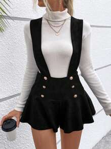 SHEIN Essnce 鈕扣細節燈芯絨連體衣（無毛衣） - 黑色 - 查看 4