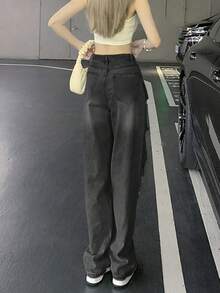 女式口袋破洞宽松直筒休闲牛仔裤 - 灰色 - 查看 2