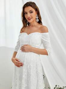Maternity Off Shoulder Lace A-Line Elegant Dress, For Party - White - View 5