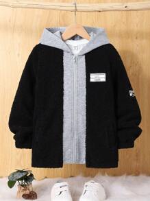 SHEIN Tween Boy Letter Patched Detail Hooded Teddy Coat Without Tee - Black - View 7