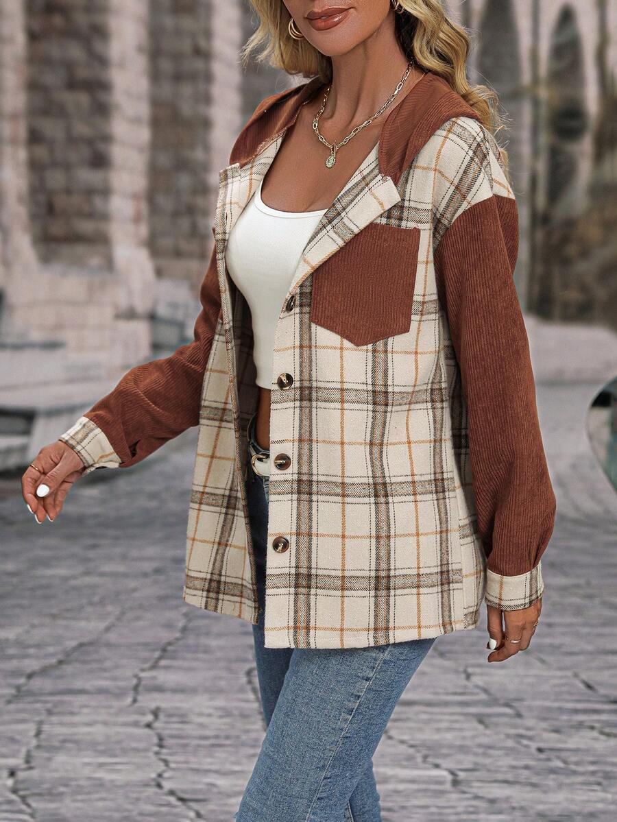 SHEIN LUNE Plaid Print Drop Shoulder Hooded Coat - Multicolor - View 1