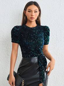 SHEIN Privé Blusa de manga farol con nudo lateral con lentejuelas - Verde Oscuro - Ver 5