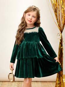 SHEIN Young Girl Knit Round Neck Velvet Contrast Mesh Tight Fitting Princess Dress, Mommy And Me Matching Outfits