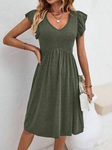 SHEIN Clasi Chất rắn Viền Ruffle Váy chữ A - xanh quân đội - Xem 4