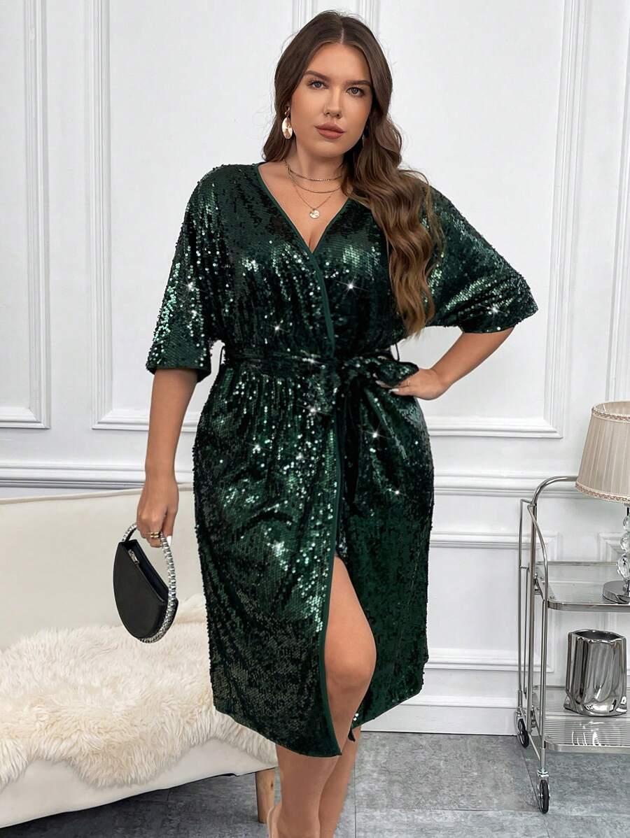 SHEIN Clasi 大碼翻領繫帶亮片裹身洋裝 - 墨綠色 - 查看 1
