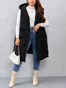 SHEIN Essnce 加拉鍊連帽羽絨背心大衣 - 黑色 - 查看 3