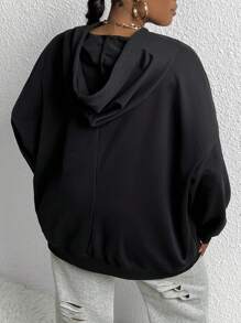 Slaydiva Plus Size Figure & Letter Graphic Drop Shoulder Drawstring Sweatshirt - Black - View 2