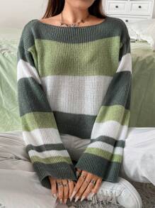 Flirla Plus Color Block Drop Shoulder Sweater - Green - View 6