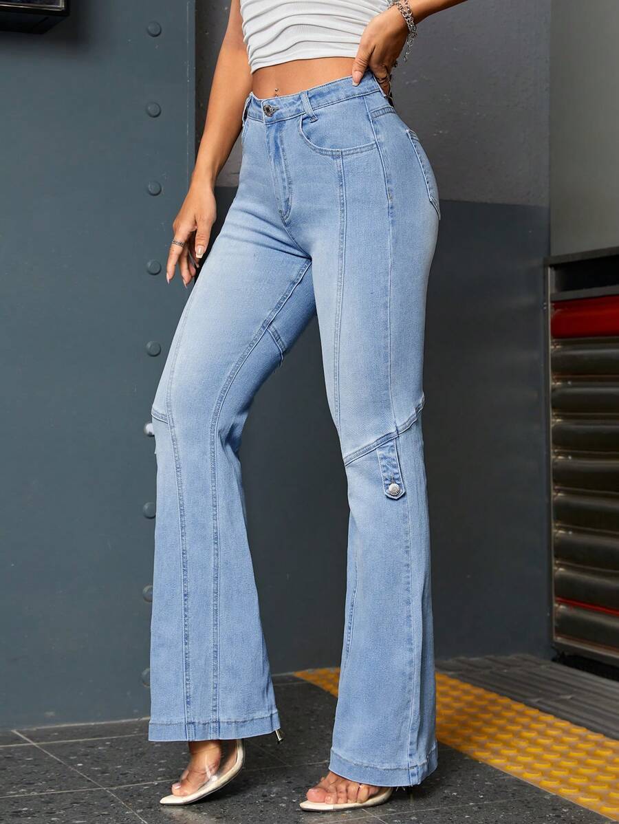 SHEIN ICON Seamed Flare Leg Jeans - Medium Wash - View 1