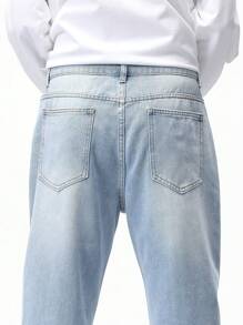 Chillumni 男士破洞直筒牛仔裤，纯色长款直筒浅蓝色工装牛仔裤，适合送给老公、男朋友的礼物 - 淺色水洗藍 - 查看 4