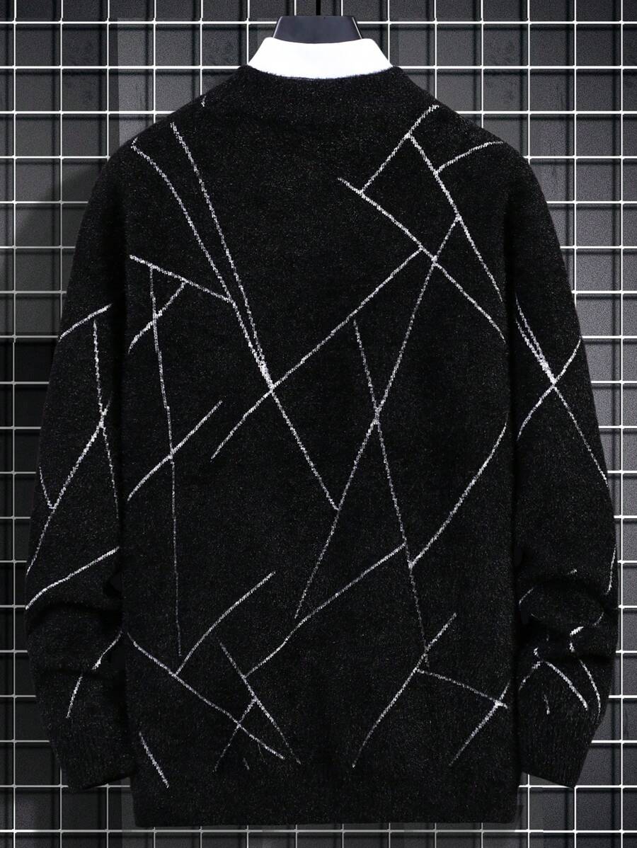 Men Geo Pattern Sweater Without Shirt - Black - View 1
