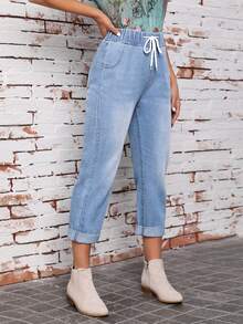 SHEIN LUNE Roll Up Hem Drawstring Waist Carrot Jeans - Blue - View 5