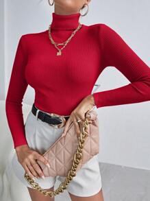 INAWLY Turtleneck Ribbed Knit Sweater,Long Sleeve Tops Knit Pullover Fall Winter Sweater - Red - View 6