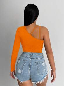 SHEIN SXY Solid One Shoulder Cut Out Asymmetrical Neck Tee - Orange - View 2