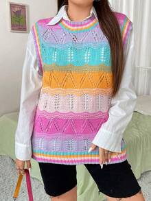 SHEIN Qutie 大碼1入組撞色網眼針織毛衣背心 - 彩色 - 查看 3