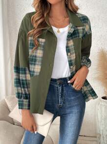 Breezaya Plaid Print Drop Shoulder Jacket - Army Green - View 1