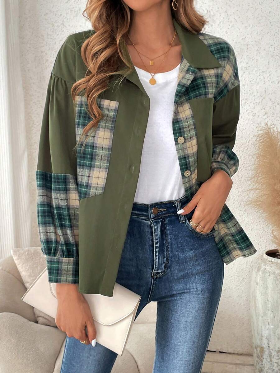Breezaya Plaid Print Drop Shoulder Jacket - Army Green - View 1