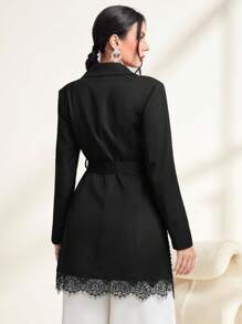 Modelyn Rhinestone Detail Eyelash Lace Trim Belted Blazer - Black - View 2