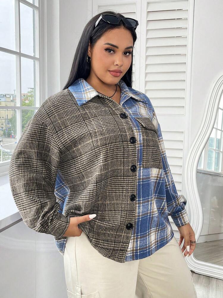 Plus Plaid Print Drop Shoulder Coat