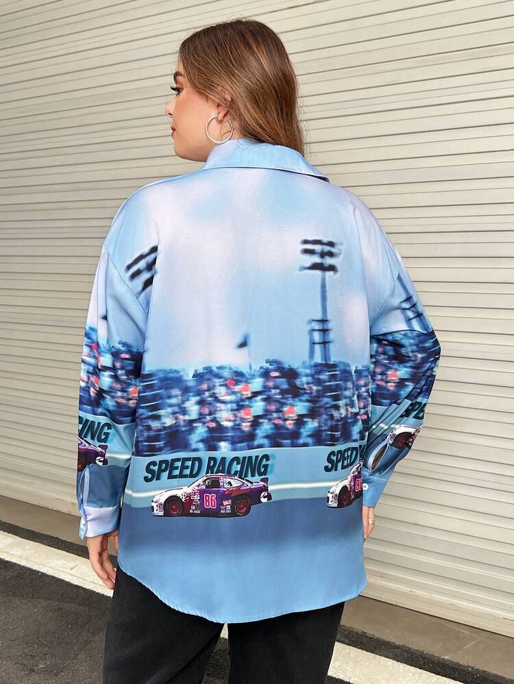 Plus Car & Letter Graphic Drop Shoulder Shirt