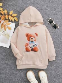 SHEIN Young Girl Bear & Letter Graphic Kangaroo Pocket Hoodie