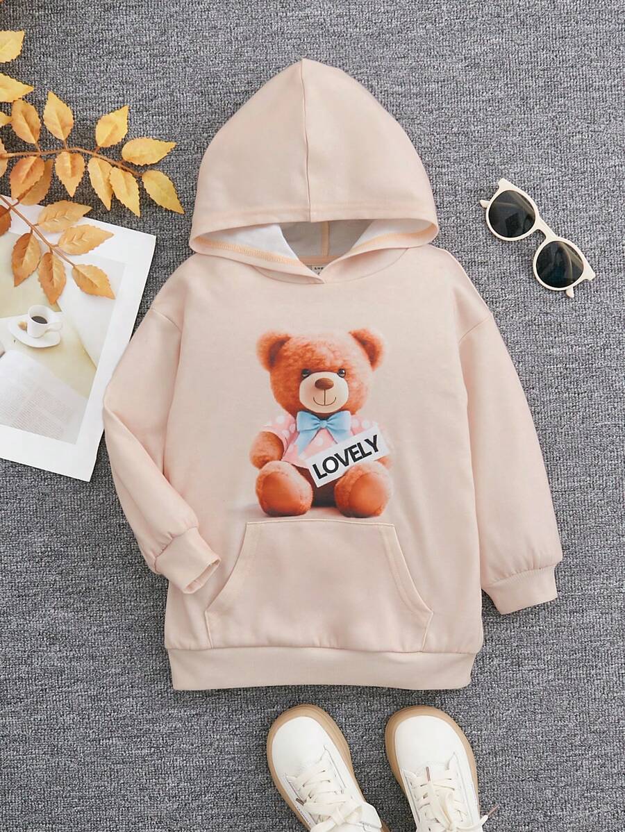 SHEIN Young Girl Bear & Letter Graphic Kangaroo Pocket Hoodie