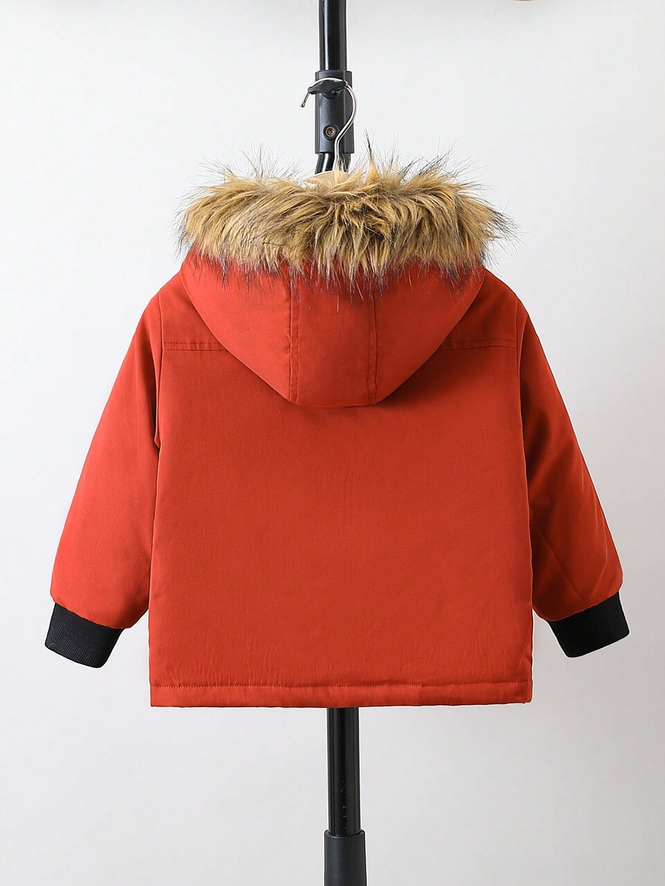 Young Boy Letter Patched Flap Pocket Fuzzy Trim Hooded Padded Coat Without Sweater
