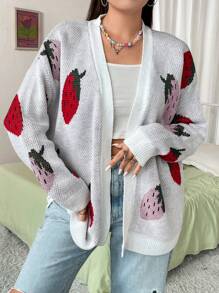 SHEIN Qutie 大碼草莓圖案落肩袖開襟開衫 - 紅白色 - 查看 1