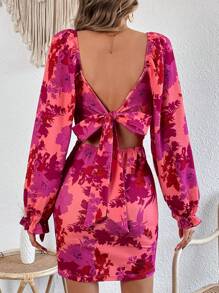 SHEIN VCAY 花卉印花方領喇叭袖洋裝 - 紅色 - 查看 2