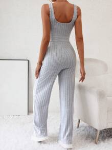SHEIN Essnce Solid Ribbed Knit Tank Jumpsuit - Grey - View 2