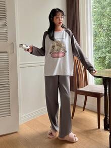 DAZY 人像圖案插肩袖T恤和褲子休閒套裝 - 卡其色 - 查看 3