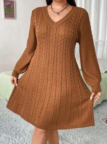 Flirla Plus Cable Knit V Neck Sweater Dress, For Winter Fall Cloth For Women