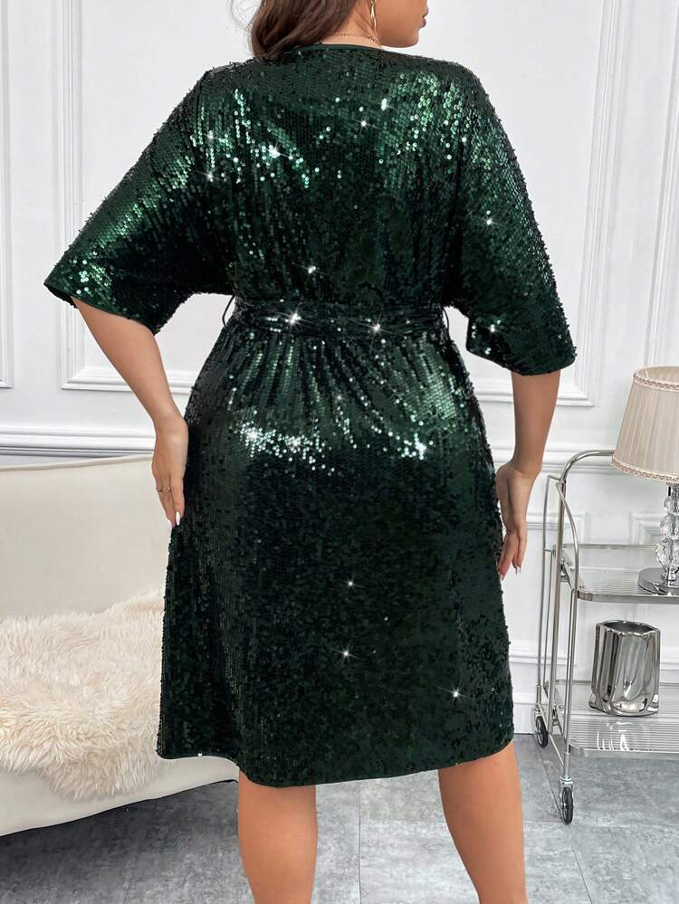 Plus Surplice Neck Belted Sequin Wrap Hem Dress