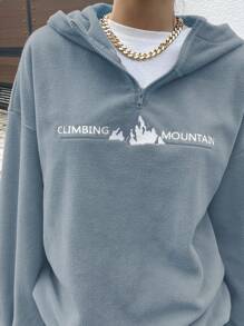 DAZY 字母刺绣落肩四分之一拉链羊毛连帽衫（不含 T 恤），秋季女装运动衫