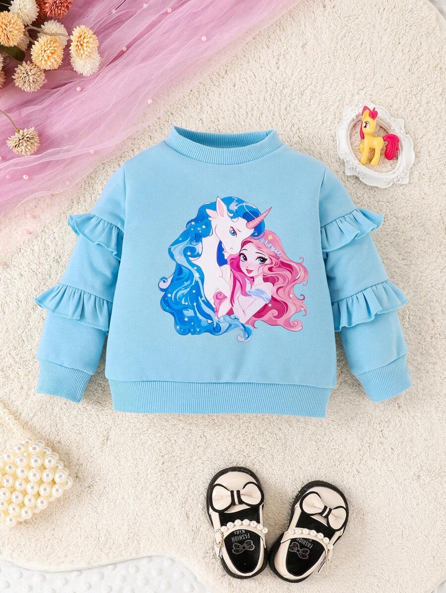 Girls Baby Unicorn Print Ruffle Trim Sweatshirt - Blue - View 1