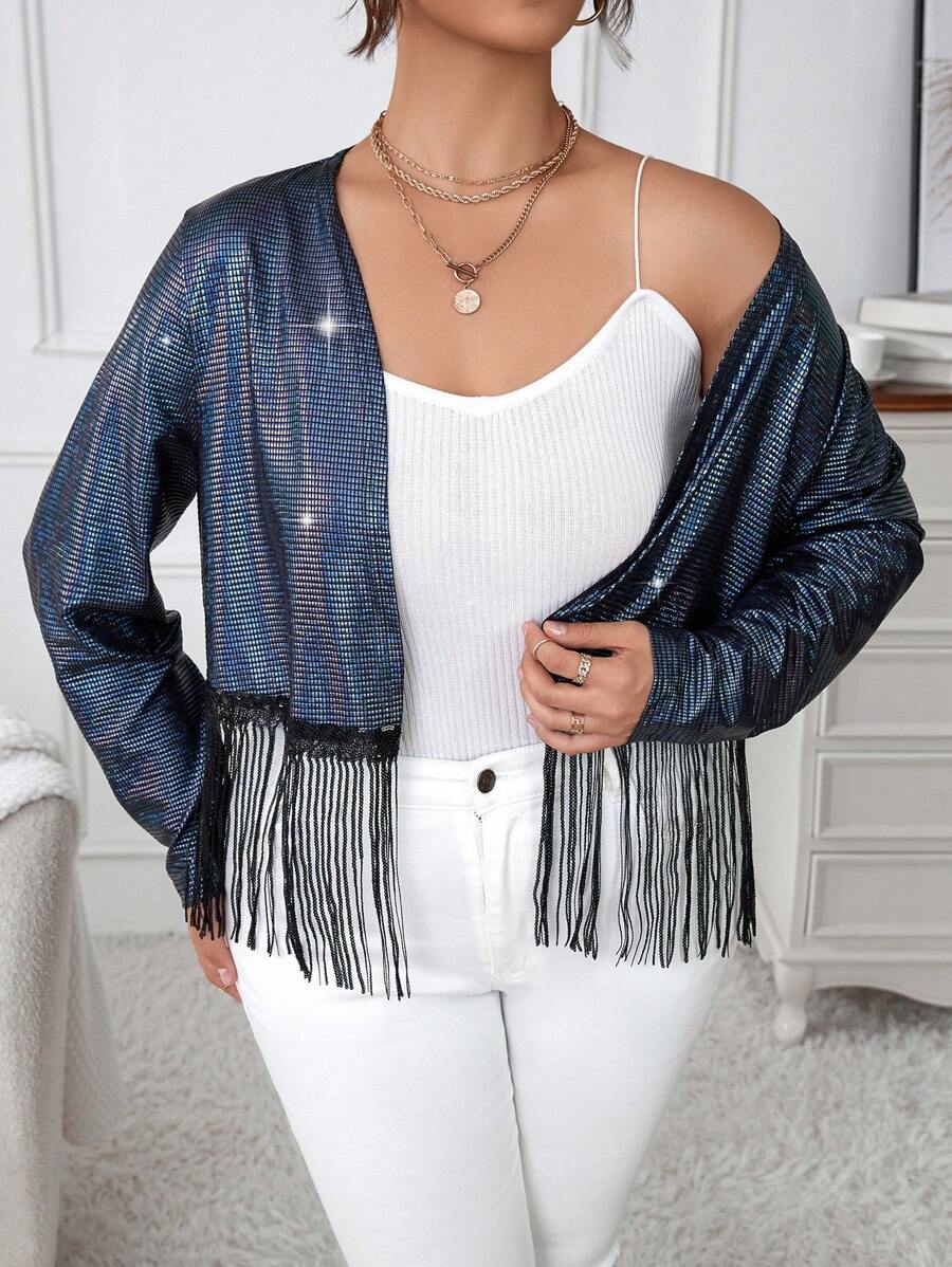 Calvaya Plus Fringe Hem Open Front Jacket Fall Cloth For Women - Black - View 1