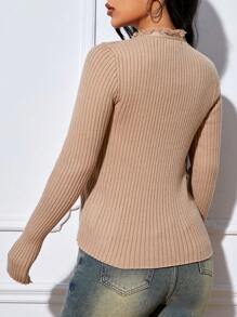 SHEIN EZwear Frill Trim Button Front Ribbed Knit Cardigan - Khaki - View 2