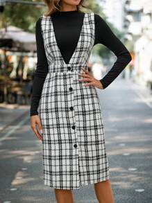 Chiquease Solid Tee & Plaid Print Button Front Overall Dress - Black and White - View 6