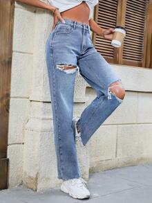 SHEIN Privé Rách Quần legging thẳng - Rửa trung bình - Xem 3