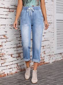 SHEIN LUNE Roll Up Hem Drawstring Waist Carrot Jeans - Blue - View 1