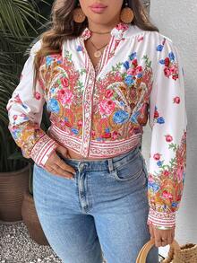 SHEIN VCAY 大碼印花前紐扣短款襯衫 - 彩色 - 查看 4