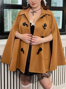 Flirla Plus Cloak Sleeve Duffle Cape Overcoat - Khaki - View 4