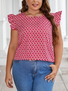 SHEIN Clasi 大碼滿版印花後綁帶荷葉邊襯衫 - 紅色 - 查看 2