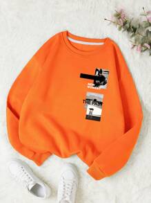 SHEIN EZwear Picture And Letter Graphic Thermal Lined Sweatshirt - Orange - View 1