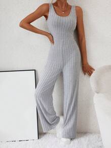 SHEIN Essnce Solid Ribbed Knit Tank Jumpsuit - Grey - View 3