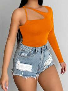 SHEIN SXY Solid One Shoulder Cut Out Asymmetrical Neck Tee - Orange - View 3