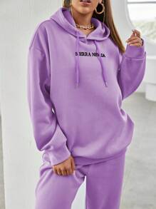 SHEIN Unity Women's Letter Embroidery Drop Shoulder Long Sleeve Drawstring Hoodie And Sweatpants Casual Suit, Autumn/Winter - Purple - View 6