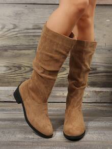 2023 Autumn & Winter Vintage Suede Over Knee Riding Boots For Women With Thick High Heel, Pointed Toe, And Ruffle Design - Brown - View 4