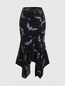 ROMWE Goth Bat Print Asymmetrical Hem Skirt - Black - View 2