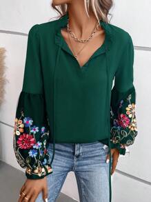 SHEIN Clasi 印花燈籠袖繫帶領襯衫 - 墨綠色 - 查看 5